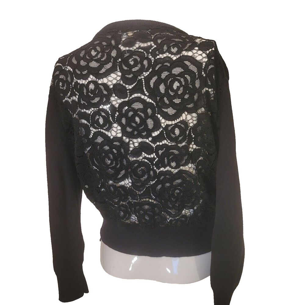 Karl Lagerfeld Large cardigan sweater pearl knit flower sheer stretch ribbed